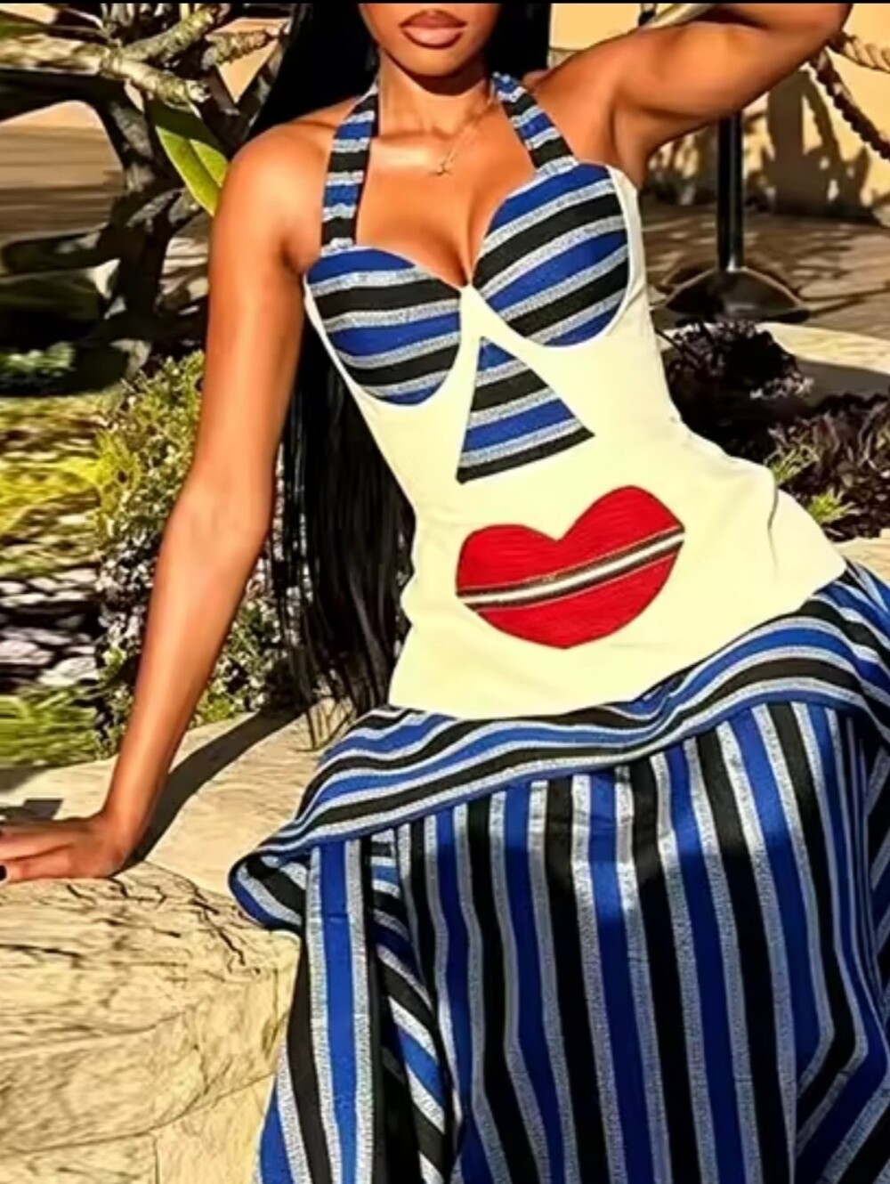 Cream Sculpted Face Applique Tank with Blue Striped Bust - Picture 4 of 5